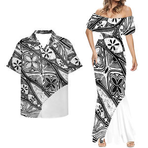 Chemises pour hommes et robe de cocktail samoanes et fidjiennes, 2 pièces, motif tribal <span class=keywords><strong>polynésien</strong></span>, <span class=keywords><strong>tatouage</strong></span>, taille plus, robes pour femmes, vêtements d'été pour couples - Product Image 1
