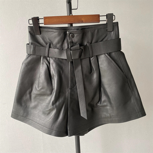 2025 Stylish High Waist Real Sheepskin <strong>Short</strong> Pants Belt Zipper Fly Loose <strong>Black</strong> Summer Soft Sexy Women Custom <strong>Leather</strong> <strong>Shorts</strong> - Product Image 4