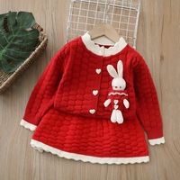 Niedliche Baby-Mädchen-Strickjacke mit Hasenmotiv, Herzknöpfen und Spitzenbesatz, 4-Farben-Kleinkind-Pullover-Set