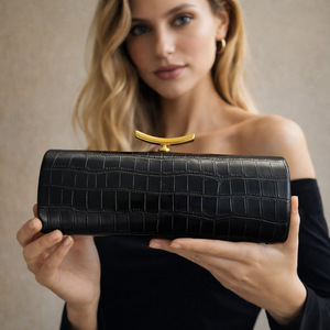 Black PU Crocodile Clutch Bag with Gold Tone Handle and Chains Strap Fashion Evening Party Handbag Solid Pattern <b>Clip</b> Closure - Product Image 4