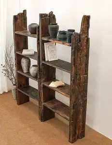 AJJ-MS55 Wabi-sabi old wood solid wood bookshelf trapezoid floor storage flower rack homestayers designer display rack