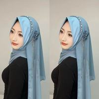 Hijab Muslimah Wanita, Kerudung Chiffon Patchwork Beludru Kristal Berhias Manik-Manik Jahitan Tangan Motif Bunga Kain