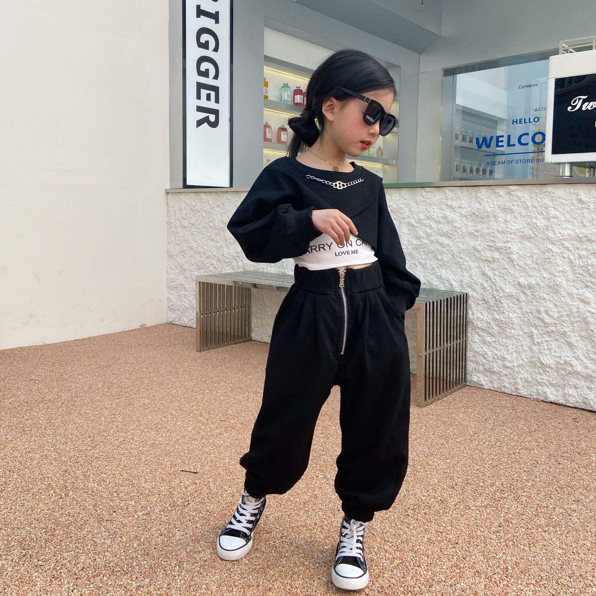 Korean Jogger Pants Outfit Female Girls' Sports Casual Three-Piece