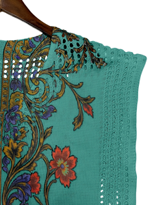 Vestido de punto floral verde esmeralda para mujer, vestido midi de verano con cuello en V y manga corta, malla pointelle, 100% poliéster, estampado, ropa de resort - Product Image 5