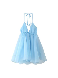 Plage dos nu court gonflé fronde Robe femmes Sexy à lacets sans manches a-ligne robes 2025 été dame vacances bord de mer solide Robe - Product Image 3