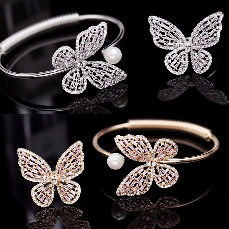 Hollow-Out Pearl Open Bracelet Women Female Rose Gold Butterfly Zircon Bracelet Custom Wholesale