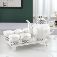 Ramazan hediye lüks seramik çay seti 8 adet porselen kahve çay seti altın dekor seramik demlik ve bardak seti