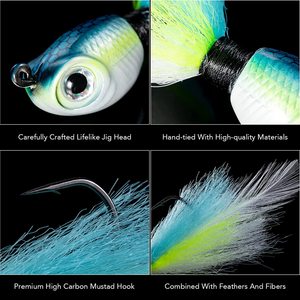 Jigs Bucktail de 1/8 oz à 6 oz, têtes métalliques en plomb, pour eau salée/eau douce, plusieurs tailles, pour la pêche au bar, au rayé et au bleu. - Product Image 5