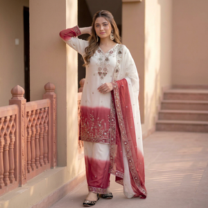 Embroidered <b>Sequined</b> Salwar Kameez Set for Women Dual Tone Pakistani Indian Ethnic Wear with Dupatta - Product Image 1