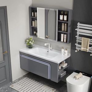 ตู้ห้องน้ำสีเทาเข้มสุดหรู ตู้กระจกอัจฉริยะพร้อมพื้นที่จัดเก็บ อ่างล้างหน้าสีขาวแบบติดผนัง - Product Image 6