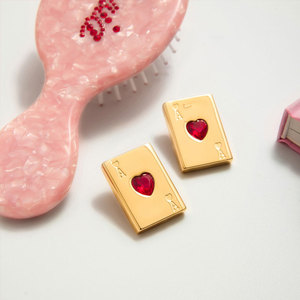 Custom <b>Gold</b> Color Lady Earring 14k 18k PVD <b>Gold</b> Plated Fashion 316L Stainless Steel Red Zircon Playing <b>Card</b> Earrings For Women - Product Image 3