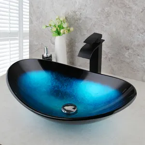 Bathroom Vessel Sink Set Contemporary Tempered Glass +Matching Style Faucet +Chrome Pop-up Drain