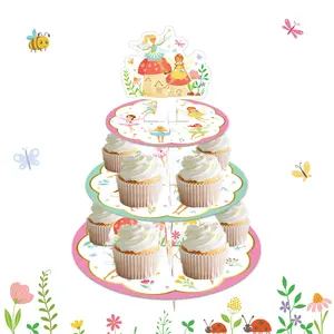 Huancai Fairy Garden Design Cake Stand 3 Tier Cupcake Stand Holder Floral Party Decorations for Kids Birthday Party Supplies