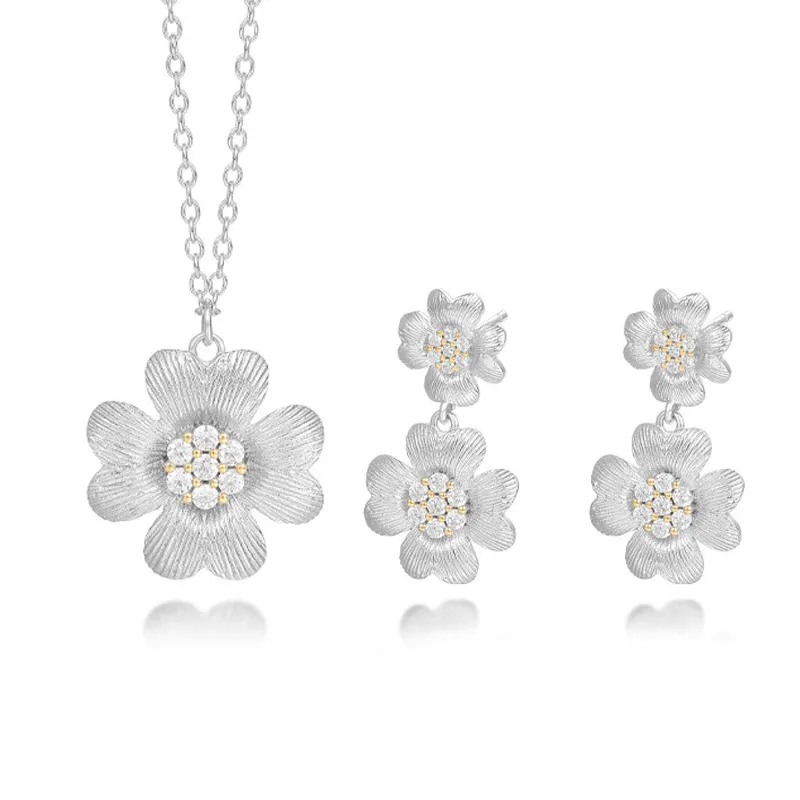 Vintage 2024 perak murni bunga mewah set perhiasan dua warna bunga besar anting menjuntai kalung untuk wanita