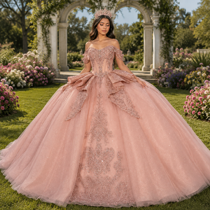 Robe de Quinceañera élégante en or rose Dy1553, style corset cœur, avec appliques de sequins, robe bouffante, taille à volants, pour bal de promo et soirée Jancember - Product Image 1