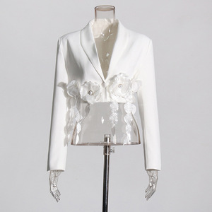 Ocstrade Blazer blanc élégant de haute qualité à un bouton pour femmes Veste de costume 3D à volants à fleurs Col en V à manches longues Veste <span class=keywords><strong>courte</strong></span> pour femmes - Product Image 3