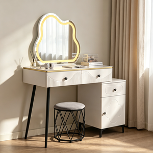 Modern Makeup Vanity <b>With</b> Lighted Cloud Mirror And Storage <b>Drawers</b> Bedroom <b>Dressing</b> <b>Table</b> <b>With</b> Stool - Product Image 1