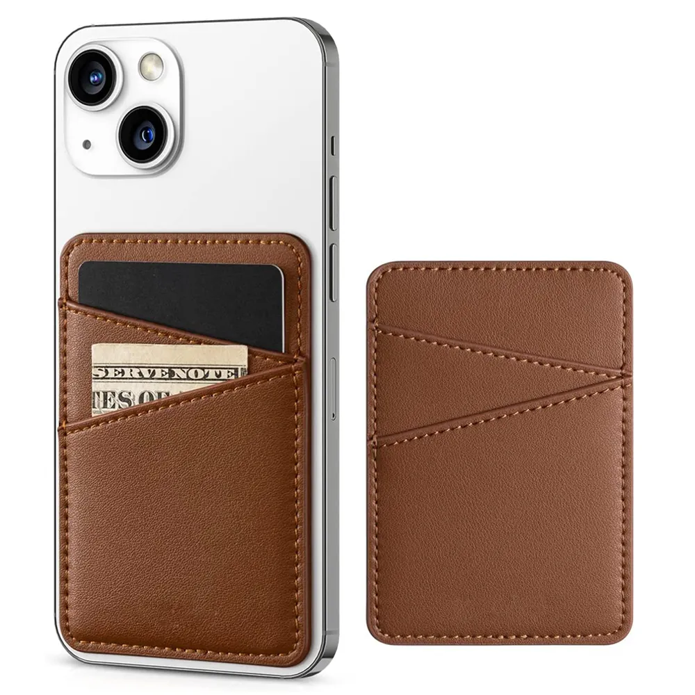 High Quality Custom Logo Genuine Leather Phone Card Holder Wallet Adhesive Pocket Credit Card Sleeves Stick Back of Phone