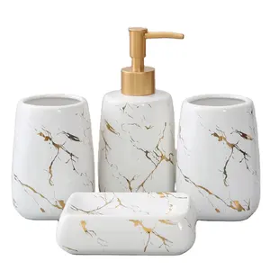 4 Piece Ceramic Liquid Soap Dispenser Bathroom Accessory Set Lotion Bath Toothbrush Holder Tumbler Soap Dish