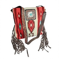 Sac bandoulière mini pour femme en cuir artisanal de haute qualité, style vintage aztèque occidental, avec motif floral, deux sangles, rivets, fermeture éclair et pompon