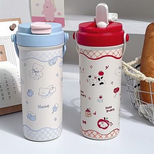 Copo Térmico Portátil e Fofo com Isolamento a Vácuo, Capacidade de 500ml, Estilo de Design de Desenho Animado para Viagens de Crianças, Bebidas de Café com Canudo - Product Image 1