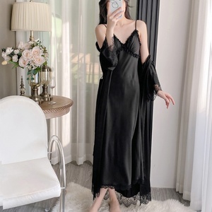 Thanh Lịch Cổ Điển Lụa <span class=keywords><strong>Satin</strong></span> Áo Choàng 2 Mảnh Mới Đến Dài Nightdress Pijama Set Của Phụ Nữ Ngủ Với Ren - Product Image 2