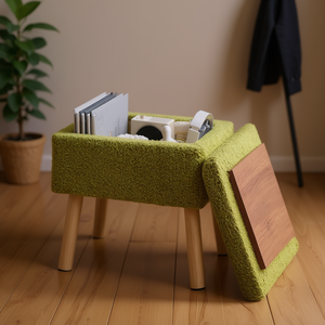 Banc de rangement rectangulaire vert en fauteuil ottoman avec revêtement en polaire Teddy et pieds en bois massif pour entrée - Product Image 2