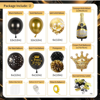 Décorations de fête d'anniversaire or et noir : arche de ballons en métal et latex, bannières, rideaux, pompons, décorations de gâteaux, écharpes, confettis, nappes