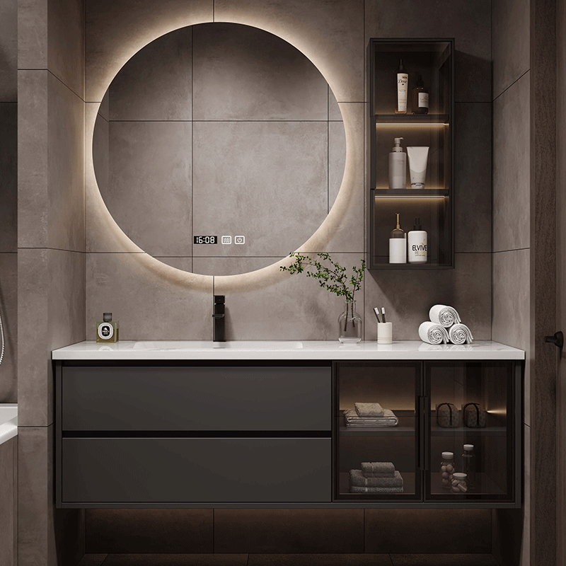 Modern Black Bathroom Vanity Wall Cabinet Bathroom Furniture Square Water Resistant Bath Furniture Set Wood + Plywood Solid