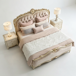 French Style Velvet Tufted King Size <b>Bed</b> With Ornate Carved <b>Frame</b> And <b>Soft</b> Upholstery - Product Image 1