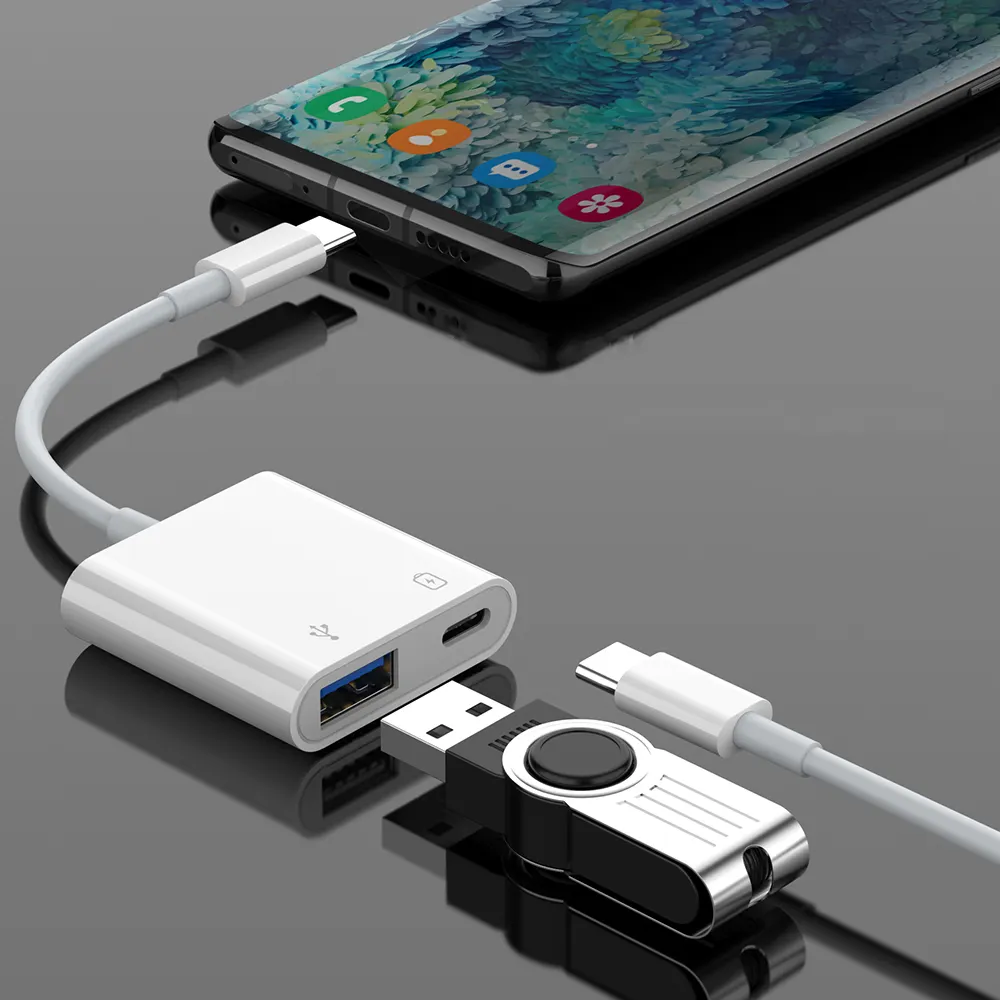 MAXUN Adaptor OTG Tipe C 2 In 1, Konverter Kabel Pengisian Daya Cepat Tipe C Ke USB C untuk Ponsel Android