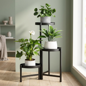 Support à fleurs moderne en métal à trois niveaux circulaires pour plantes d'intérieur, design minimaliste, finition noire - Product Image 4