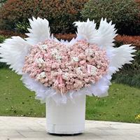 Vente en gros de bouquets de plumes électriques en forme d'ailes d'ange, matériel pour arrangements floraux, emballage en soie imprimée, commandes personnalisées acceptées