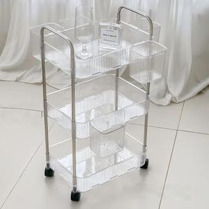 Chariot de rangement à trois niveaux avec roulettes, en plastique transparent et acier inoxydable, design minimaliste pour l'organisation de la salle de bain - Product Image 4