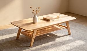 Table basse moderne en bois massif avec étagère de rangement, mobilier de salon scandinave, design minimaliste, table d'appoint basse - Product Image 6