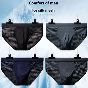 <b>Men's</b> Ultra-Thin Breathable Mesh Eyelets Briefs Mid-Rise Logo Underwear Shorts Ice Silk Style for Boys ODM Knitted Fabric - Product Image 3
