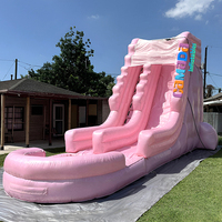 Toboggan aquatique gonflable rose à double piste avec piscine, idéal pour les fêtes aquatiques, toboggan de parc aquatique gonflable et souffleur inclus