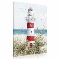 Lighthouse Impasto Wall Art Coastal Seascape Canvas Print Impressionist Red White Beach Grass Sailboat Ocean Decor