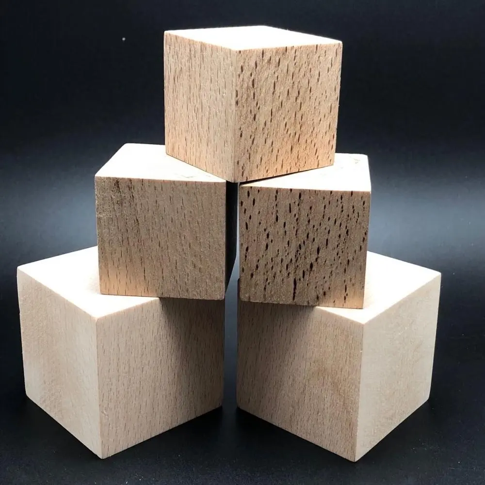 5cm天然ニス塗りのブナ材キューブ、木製の正方形のブロックピース、教育用DIY工芸品