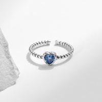 Bague fine ouverte réglable en argent sterling 925 vintage avec zircon bleu en forme de cœur et motif corde torsadée