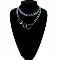 Collier chaîne cubaine arc-en-ciel avec fermoir mousqueton cœur, unisexe, tendance, pour le quotidien, bijou en métal, cadeau