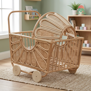 Directement de l'usine : Chariot à thé en rotin naturel et sûr, jouet à pousser, décoration de chambre d'enfant et cadeau pour enfants. - Product Image 3