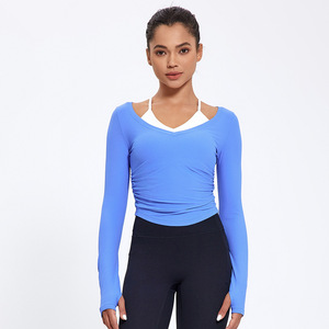 Women's Yoga <b>Top</b> Long Sleeve Ribbed Criss <b>Cross</b> Neck With Breast Pads Fitness Wear Body Shaping - Product Image 2