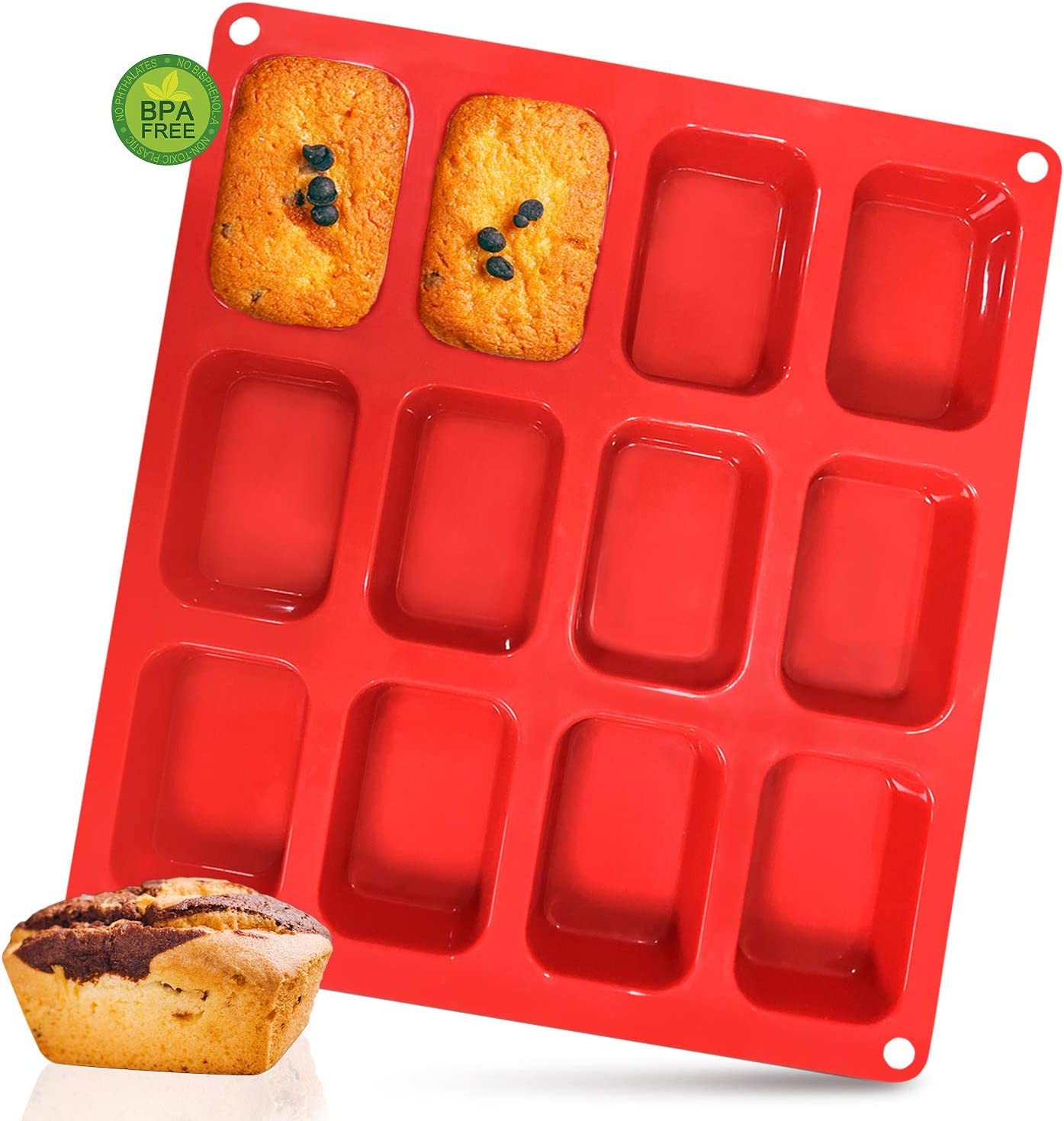 Juome Mini moule à cake 12 cavités en silicone anti-adhésif, moule individuel pour mini gâteau, pain, brownie, pain de maïs, mini pains de viande, cheesecake, crème glacée