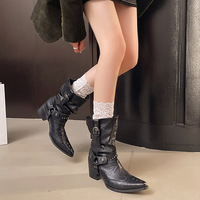 Bottes Western Mi-Mollet Froncées pour Femme avec Boucle Métallique et Rivets, Talon Carré, Style Vintage Cowboy, Idéales pour le Quotidien, les Fêtes et les Sorties en Ville