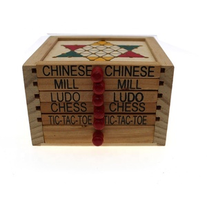 Hete Verkoop 5 In 1 Houten Reizen Mini Schaken Ludo Bordspellen Box Tic Tac Toe Chinese Dammen Set