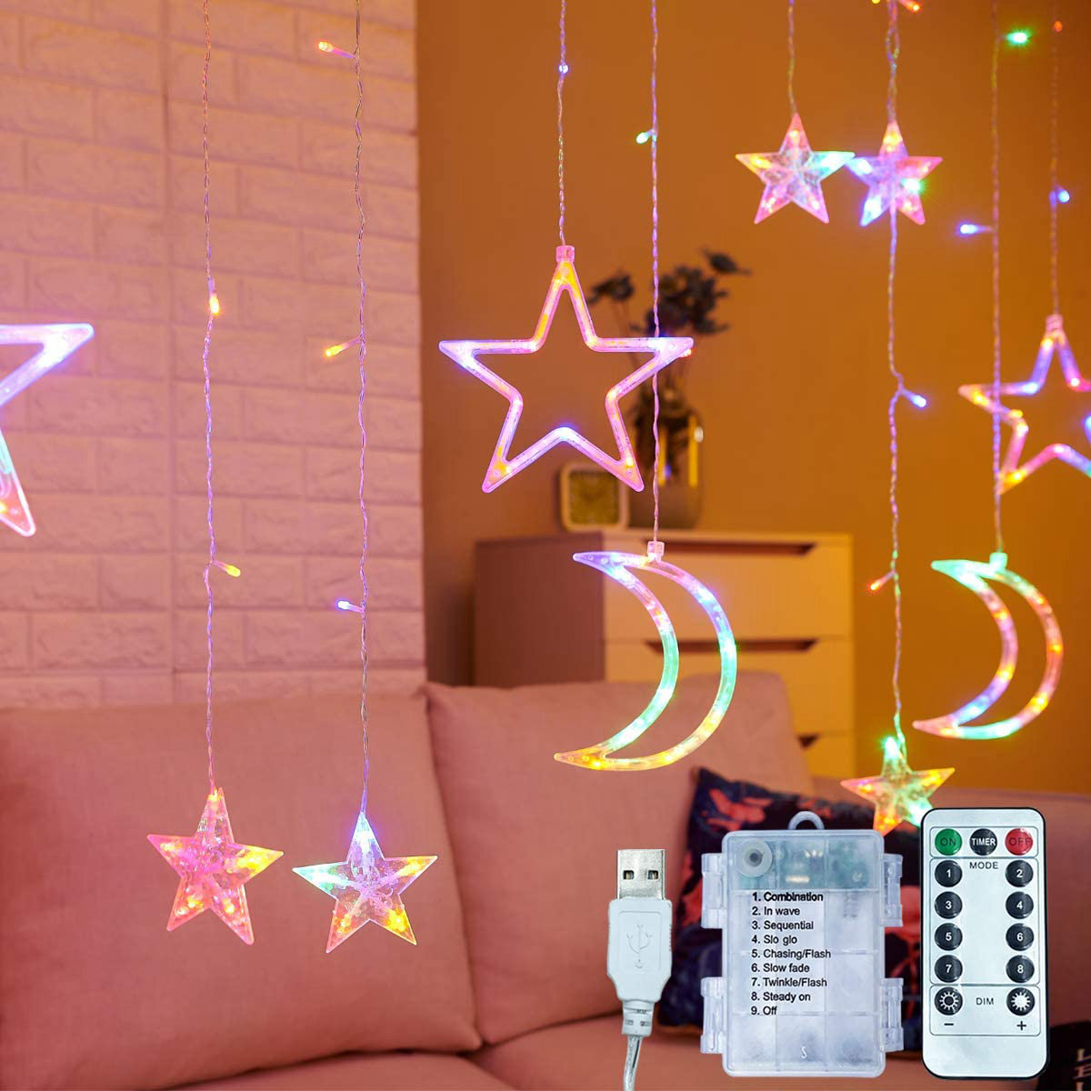 Ramadan Curtain Decoration Twinkle Neon 8 Modes Star Moon house holiday led lights Christmas decoration ramadan