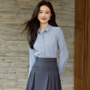 Women's Long Sleeve Striped Shirt With Long Skirt Set Office Lady Spring Oxford Fabric Turn <b>Down</b> Collar Full Sleeve - Product Image 2