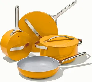 High Quality Yellow Color Press Ceramic Non Stick Coating Aluminium Utensils Kitchen Set With Stainless Steel Handle