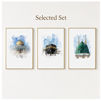 Art mural islamique pour sites sacrés : Kaaba, Dôme Vert, Dôme du Rocher – Impressions sur toile aquarelle pour salon et espace de prière